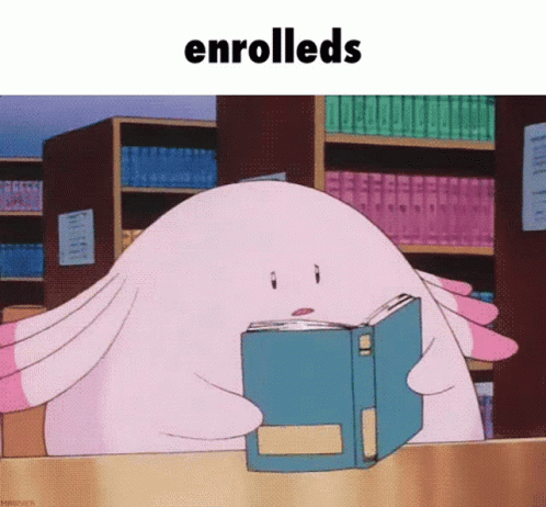 A Cartoon Character Is Reading A Book And The Word Enrolleds Is Above It GIF