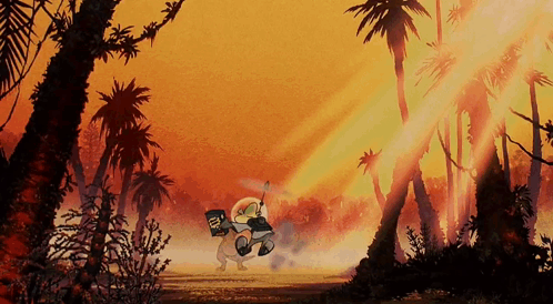 A Cartoon Character Is Riding A Motorcycle Through A Tropical Landscape GIF