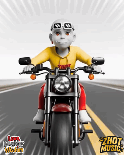 A Cartoon Character Is Riding A Motorcycle With The Words Love Laughter Wisdom On The Bottom Right GIF