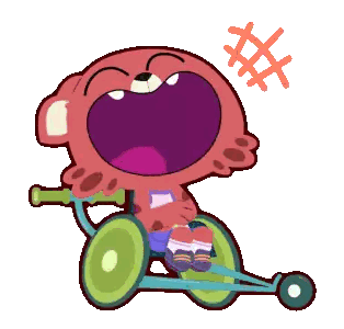 a cartoon character is riding a tricycle with his mouth wide open