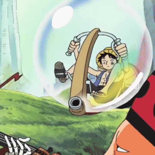 A Cartoon Character Is Riding In A Bubble With A Cannon GIF