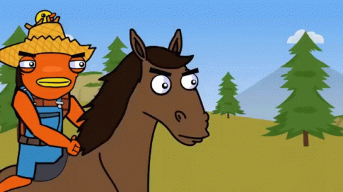 A Cartoon Character Is Riding On The Back Of A Brown Horse With A Straw Hat On GIF