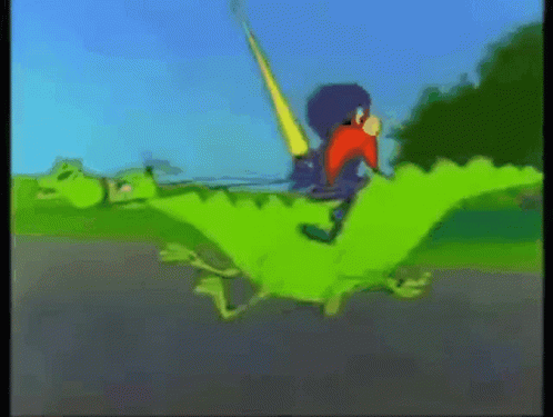 A Cartoon Character Is Riding On The Back Of A Green Dinosaur . GIF