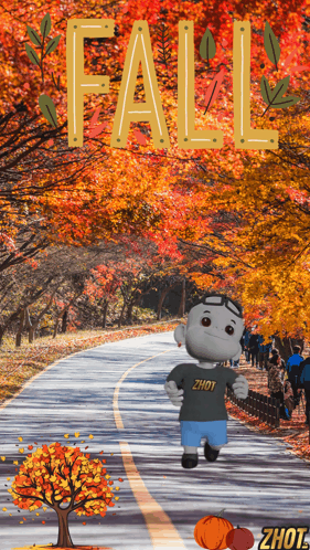 A Cartoon Character Is Running Down A Road With The Word Fall Behind Him GIF