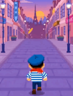 A Cartoon Character Is Running Down A Street With A Jump Button GIF