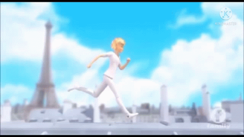 A Cartoon Character Is Running In A City In Front Of The Eiffel Tower . GIF