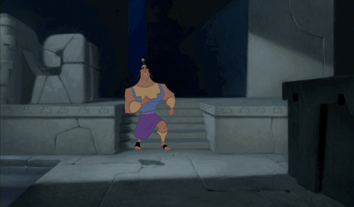 A Cartoon Character Is Running In A Dark Room With A Stone Wall Behind Him That Says ' A ' On It GIF