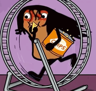A Cartoon Character Is Running In A Hamster Wheel With A Can Of Chips GIF