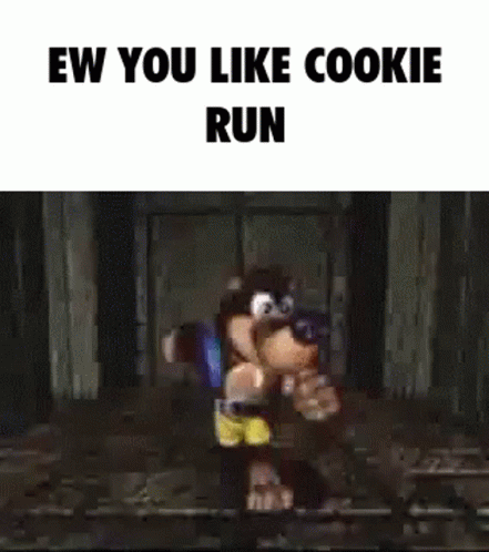A Cartoon Character Is Running In A Video Game With The Words `` Ew You Like Cookie Run '' Written On The Bottom . GIF