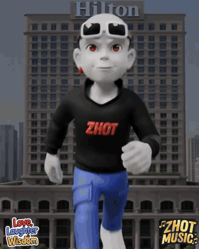 A Cartoon Character Is Running In Front Of A Large Hilton Hotel GIF