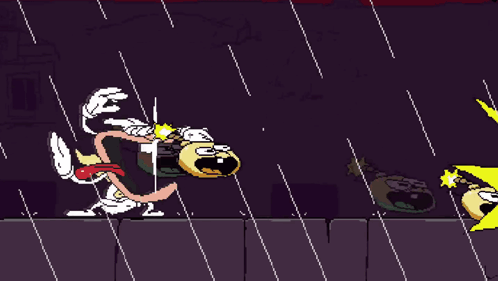 A Cartoon Character Is Running In The Rain With A Yellow Object In The Background GIF