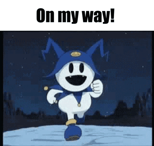 A Cartoon Character Is Running In The Snow With The Words On My Way GIF