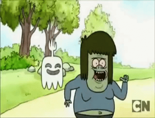 A Cartoon Character Is Running Next To A Ghost With A Fork . GIF