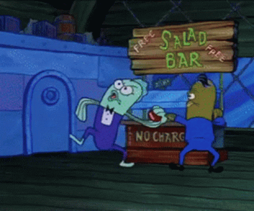 A Cartoon Character Is Running Towards A Salad Bar GIF