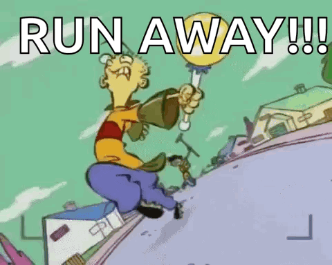 a cartoon character is running with a balloon and says run away