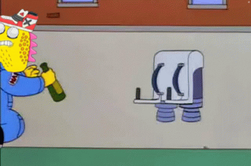 A Cartoon Character Is Running With A Bottle In His Hand And The Word Ns On His Chest . GIF