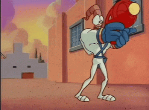 A Cartoon Character Is Running With A Flamethrower GIF