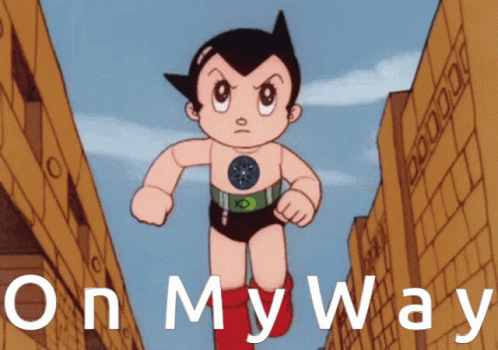 A Cartoon Character Is Running With The Words On My Way Below Him GIF