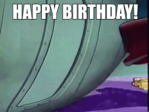 A Cartoon Character Is Saying `` Happy Birthday ! '' In Front Of A Purple Background . GIF