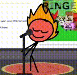 A Cartoon Character Is Singing Into A Microphone With A Fire On His Head . GIF