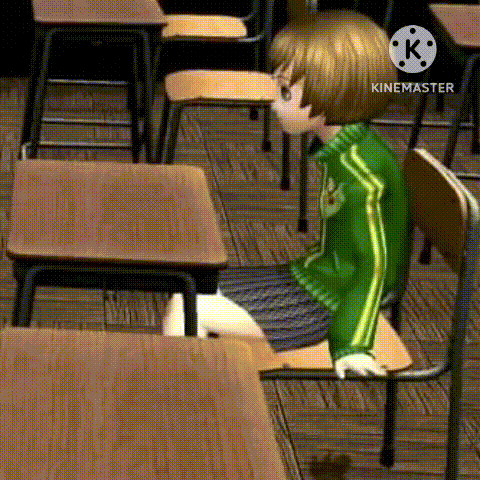 A Cartoon Character Is Sitting At A Desk In A Classroom With A Green Jacket On . GIF