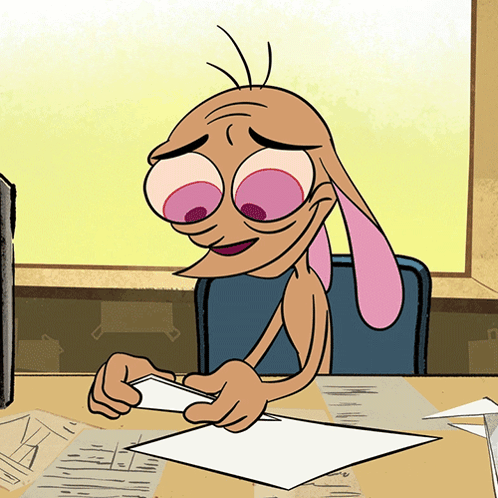 A Cartoon Character Is Sitting At A Desk With A Piece Of Paper In His Hand GIF