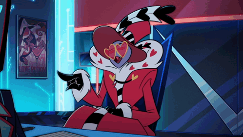 A Cartoon Character Is Sitting At A Desk With A Poster That Says Love Potion On It GIF