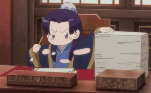 A Cartoon Character Is Sitting At A Desk With A Stack Of Paper GIF