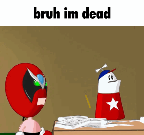 A Cartoon Character Is Sitting At A Desk With The Words Bruh Im Dead On The Top GIF