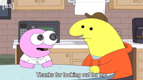 A Cartoon Character Is Sitting At A Table And Says Thanks For Looking Out For Me GIF
