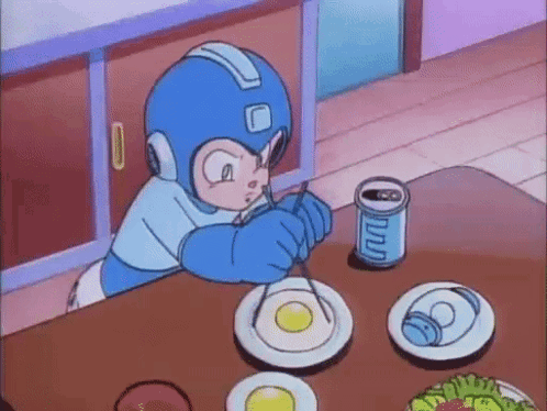 A Cartoon Character Is Sitting At A Table Eating Eggs And Drinking A Soda . GIF