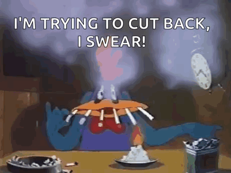 A Cartoon Character Is Sitting At A Table Holding A Plate Of Cigarettes . GIF