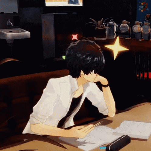 A Cartoon Character Is Sitting At A Table With A Book And A Star In The Background GIF
