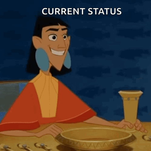 A Cartoon Character Is Sitting At A Table With A Bowl And A Cup And The Words Current Status Below Him GIF