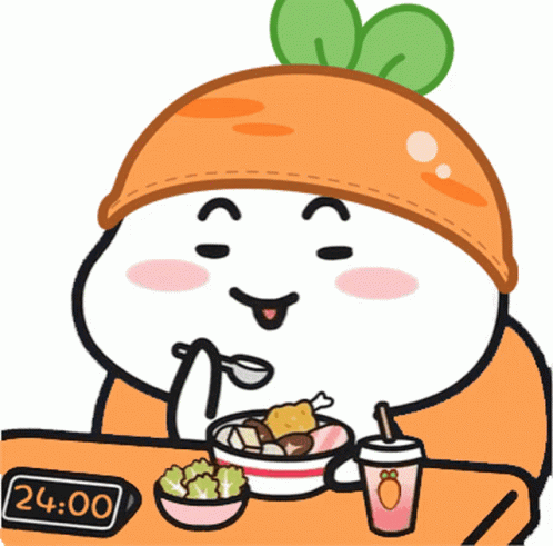 A Cartoon Character Is Sitting At A Table With A Bowl Of Food And A Clock That Reads 24:00 GIF