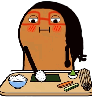 A Cartoon Character Is Sitting At A Table With A Bowl Of Rice And A Bowl Of Vegetables GIF