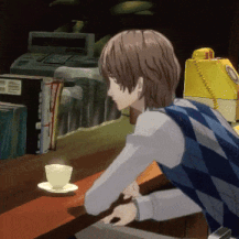 A Cartoon Character Is Sitting At A Table With A Cup Of Coffee On It GIF