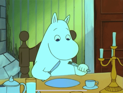 A Cartoon Character Is Sitting At A Table With A Knife And Fork In His Hand GIF