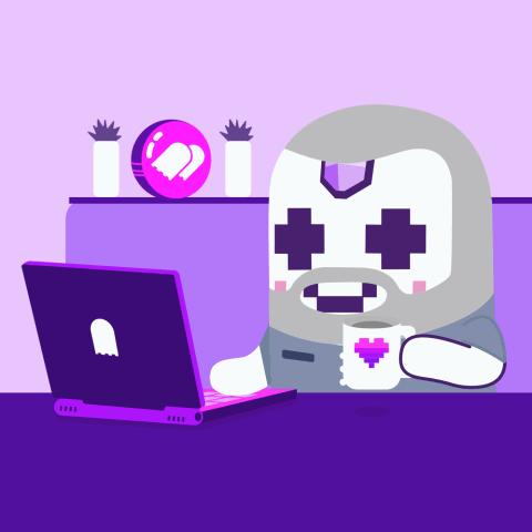 A Cartoon Character Is Sitting At A Table With A Laptop And A Cup Of Coffee GIF