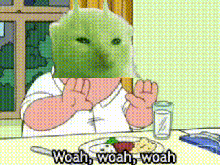 a cartoon character is sitting at a table with a plate of food and the words woah woah woah written below him