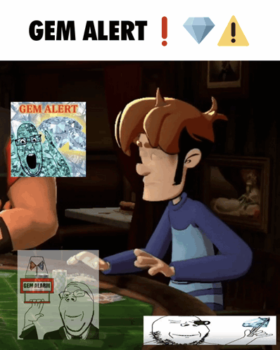 A Cartoon Character Is Sitting At A Table With A Sign That Says " Gem Alert " GIF