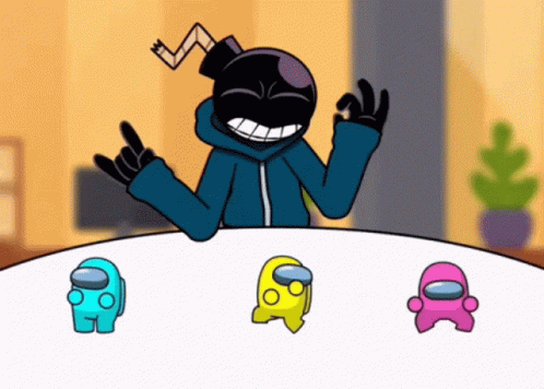 A Cartoon Character Is Sitting At A Table With Among Us Characters GIF