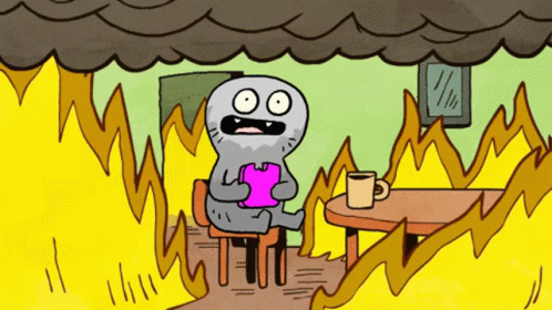 A Cartoon Character Is Sitting At A Table With Flames Coming Out Of It GIF