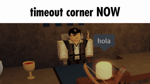 A Cartoon Character Is Sitting At A Table With The Words Timeout Corner Now Below Him GIF