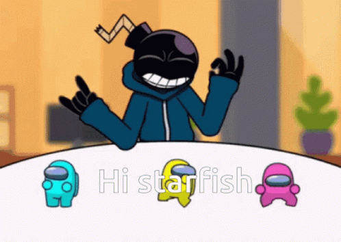 A Cartoon Character Is Sitting At A Table With Three Among Us Characters And The Words Hi Starfish GIF