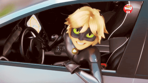 A Cartoon Character Is Sitting In A Car With A Tmj Logo On The Bottom Right GIF