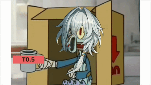 A Cartoon Character Is Sitting In A Cardboard Box And Holding A Cup With A To.5 Sign Below It GIF