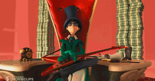 A Cartoon Character Is Sitting In A Chair Holding A Guitar And A Gun GIF