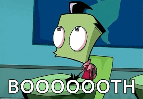 A Cartoon Character Is Sitting In A Chair With The Word Boooooth Written On It GIF