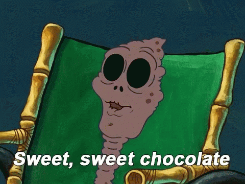 A Cartoon Character Is Sitting In A Chair With The Words Sweet Sweet Chocolate Above Him GIF